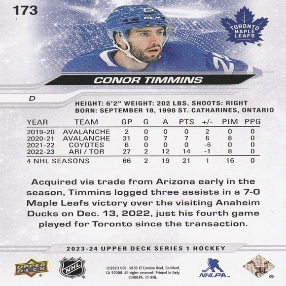 Conor Timmins - 2023/2024 Upper Deck Series 1 Hockey Card - Card Number 173 - Picture 2 of 2